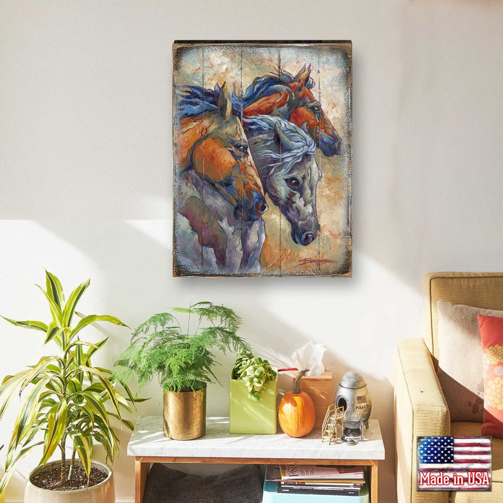 Let Them Run Horse Heads Wooden Wall Art by J. Bergsma - Nature Wildlife Decor  - 8592259B-JB-0