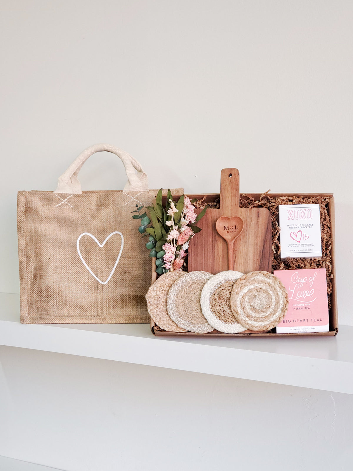 Monogrammed Gift Box With Wood board, Wood Spoon, Tea And Cookies