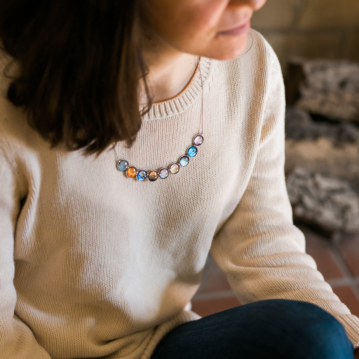 Curved Solar System Necklace in Silver