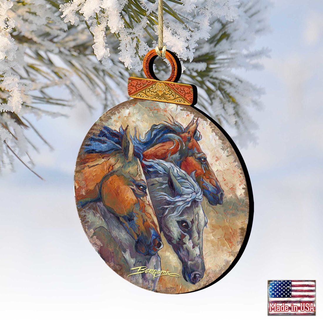 Let Them Run Horse Heads Wooden Ornaments by J. Bergsma - Wildlife Holiday Decor - 8591259-JB-2