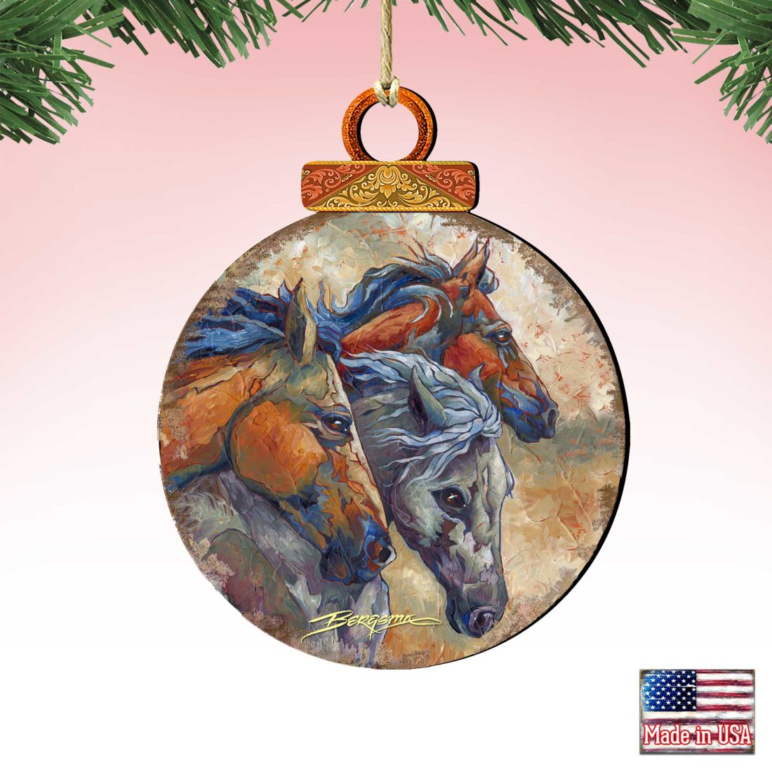 Let Them Run Horse Heads Wooden Ornaments by J. Bergsma - Wildlife Holiday Decor - 8591259-JB-1